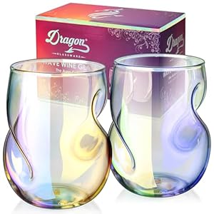 Dragon Glassware Stemless Wine Glasses - 16 oz Stemless Wine Glass Set with Finger Indentations - Set of 2 Iridescent Glassware - Aerates Naturally Dragon Glassware Stemless Wine Glasses 16 oz Stemless Wine Glass Set with Finger Indentations Set of 2 Iridescent Glassware Aerates Naturally