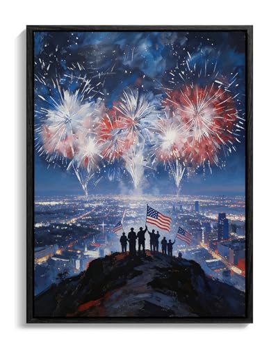 Image of American Flag Framed Canvas Wall Art, 4th of July Red White Blue Canvas Prints, Fireworks City View Patriotic Decorations, Modern Independence Day Wall Decor for Bedroom Living Room Office 16x20
