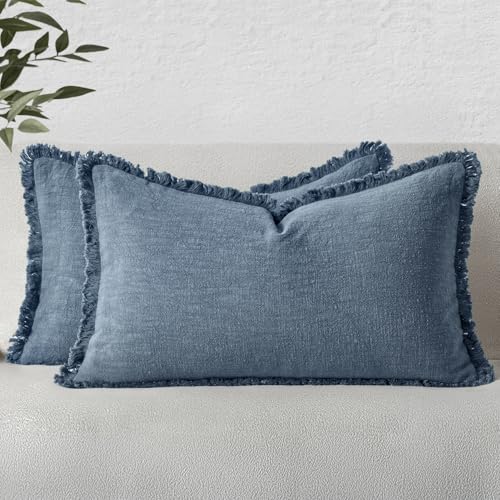 Image of MIULEE Decorative Lumbar Throw Pillow Covers Neutral Linen Fringe Throw Pillows Set of 2 Blue Ashes Boho Farmhouse Cushion Covers for Couch Sofa Bed Living Room Spring Home Decor 12x20 Inch