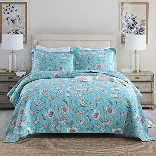 LZJX Colcha Acolchada Doble Cubierta De Cama De 100% AlgodóN con Estampado Pastoral Europeo Y Americano- Cubrecama Patchwork EdredóN 230X250Cm con 2 Fundas Almohada 50X70Cm- Sobrecamas Lavable,Blue