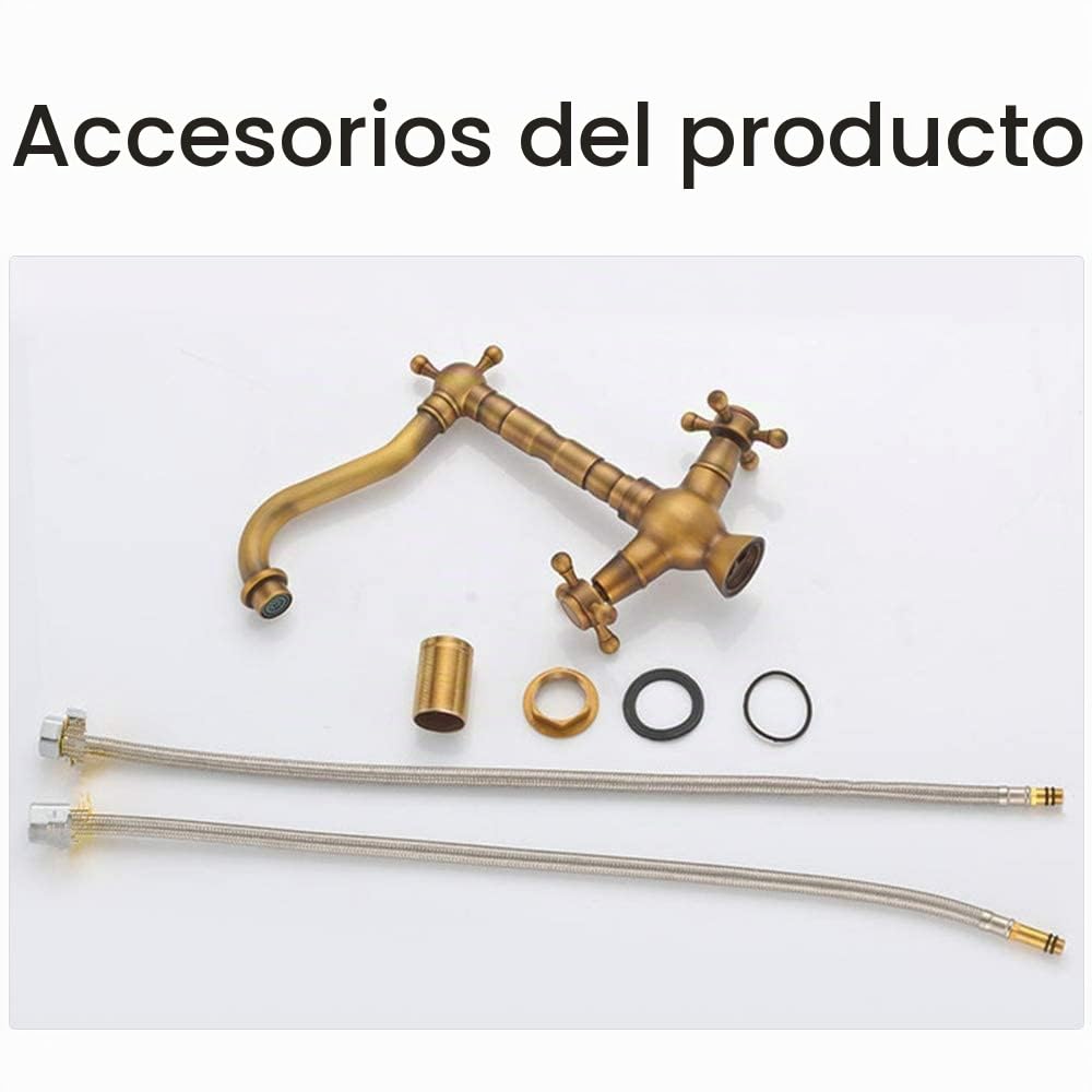 Grifo Lavabo Latón Vintage,Grifo Lavabo Alto de Agua FríA y Caliente con Dos Mandos Giratorios,Grifo Del Fregadero Baño Cocina Cerámica,con 2 Mangueras,Salida de Agua con Giro de 360°,Ahorro de Agua