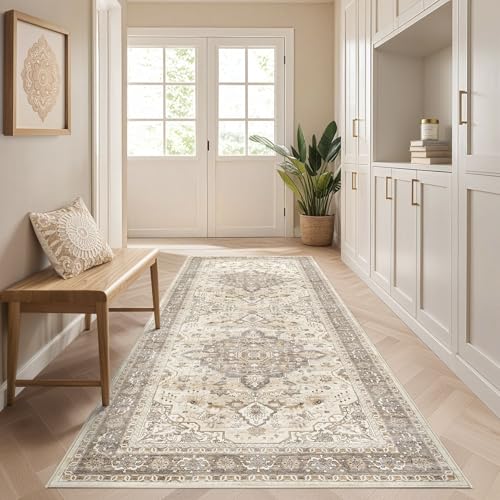 Runner Rug Kitchen Washable Rugs: 3x8 Non-Slip Boho Soft Vintage Stain Resistant Indoor Floor Neutral Farmhouse Throw Carpet for Hallway Bathroom Laundry Room Entryway Bedroom- Brown
