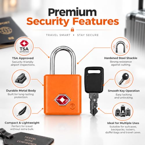Image of QUIRA TSA Approved Travel Padlock with Key, Luggage Lock for Suitcase, Backpack, Locker & Travel Bags, Heavy Duty Security Lock (Orange)
