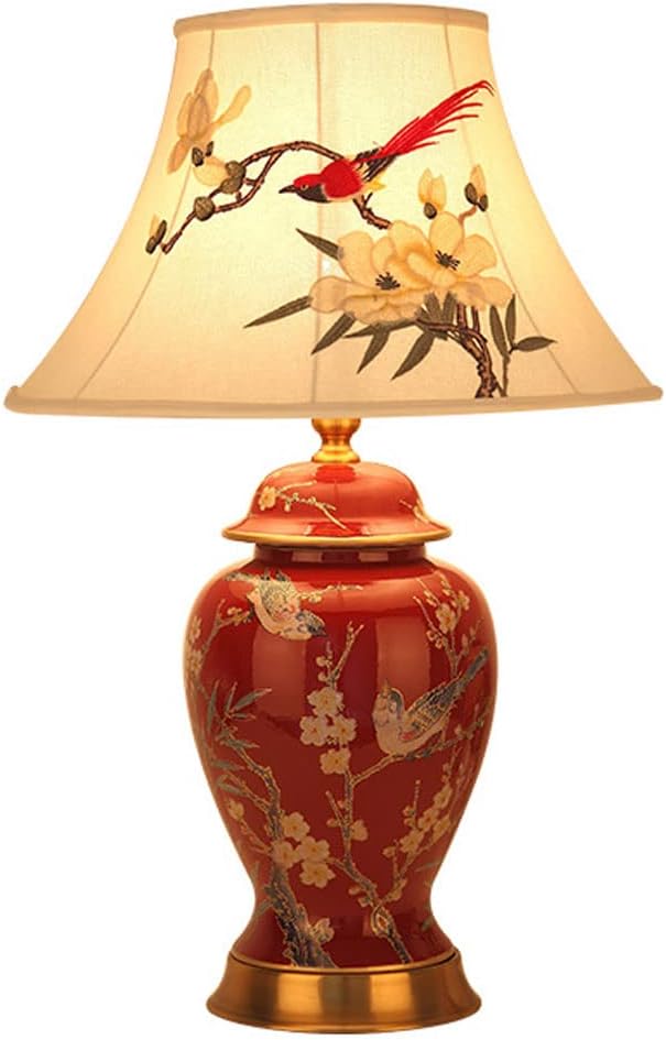 USMJQVZ Red Ginger Jar Ceramic Table Lamps for Bedrooms American Retro Bedside Lamp for Living Room Hand-Painted Flowers and Birds Nightstand Lamp