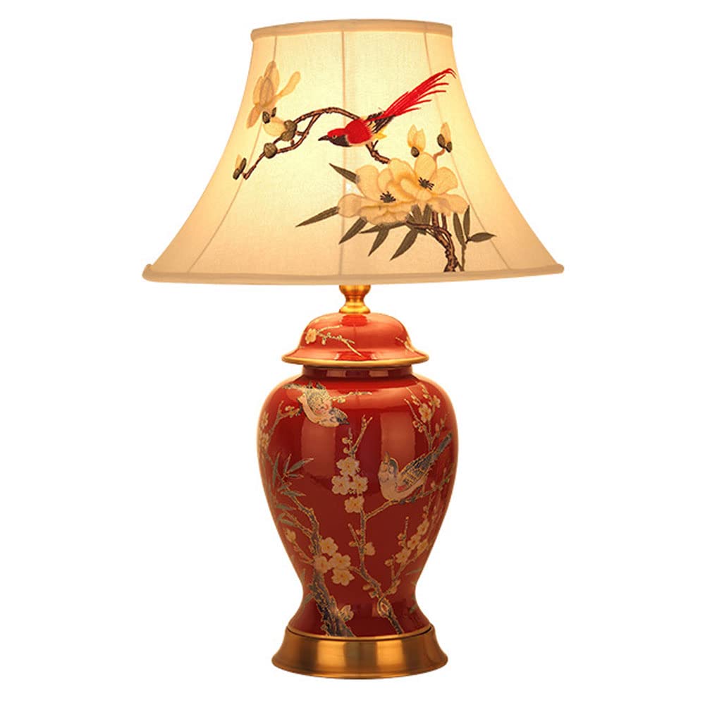SGKOMN Chinese Ceramic Desk Light American Style Glazed Ceramics Nightstand Lamp, Retro Red Ceramic Table Lamp Push Button Switch Bedside Lamp-1-33 * 54cm