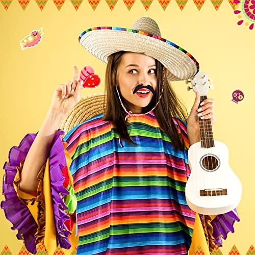 Mexican Party Costume Set Includes Mexican Fiesta Serape Poncho Sombrero Hat Fake Mustache Colorful Maracas Stick Prop