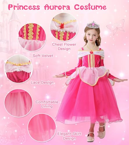 Toloye Sleeping Beauty Dress For Girls, Princess Aurora Costume With Crown Fairy Wand Necklace thumb #1