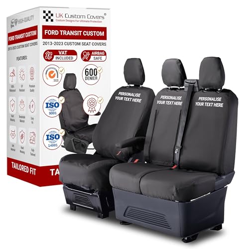 Personalised Seat Covers to fit the Ford Transit Custom 2013-2023 Waterproof Heavy Duty Seat Mounted Airbag Compatible Durable Easy Fit - Tailored Driver & Double Passenger Seat Covers With Tray