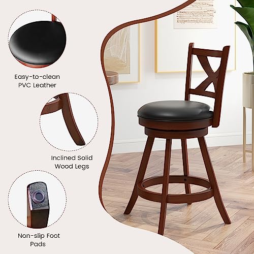 GIANTEX Butacos de Barra de 24" Set de 2, Taburetes Giratorios 360° para Barra con Respaldo, Marco de Madera de Caucho Sólido, Asiento Tapizado en Cuero Sintético Vintage para Isla de Cocina y Bar en Casa miniatura 4