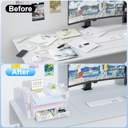 Image of gianotter Desk Organizers and Accessories with File Holder, 4-Tier Desk Accessories & Workspace Organizers with Drawer and 2 Pen Holder, Paper Organizer for Office Supplies (White)