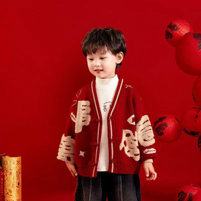 Girls' thickened New Year Boys' children's cardigan red knitwear New Year coat sweater National style2