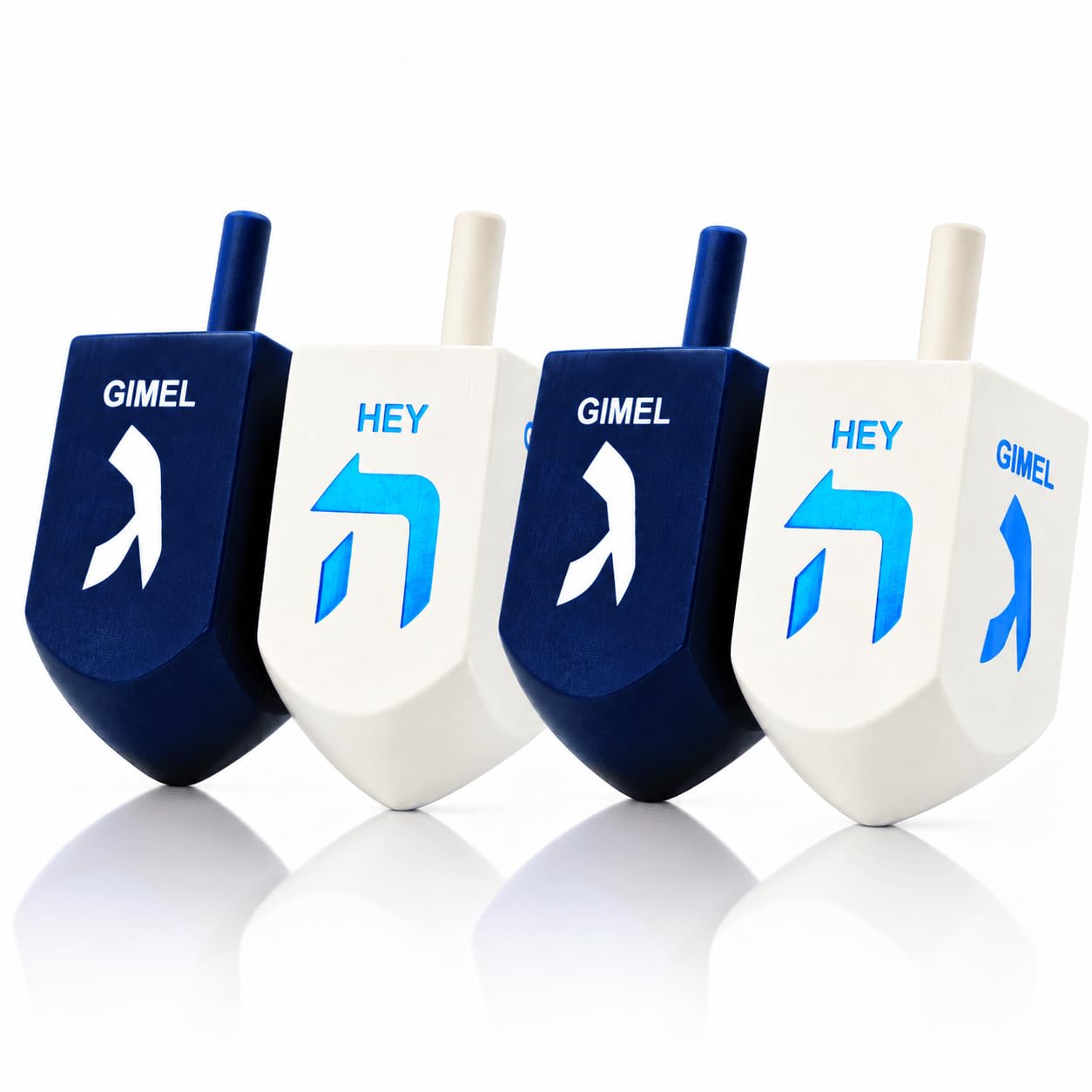 4-Pack Hanukkah Dreidel Extra Large Blue &amp; White 3" Inch Wooden Dreidels Hand Painted, Includes Game Instruction Cards! (4-Pack XL Dreidels)