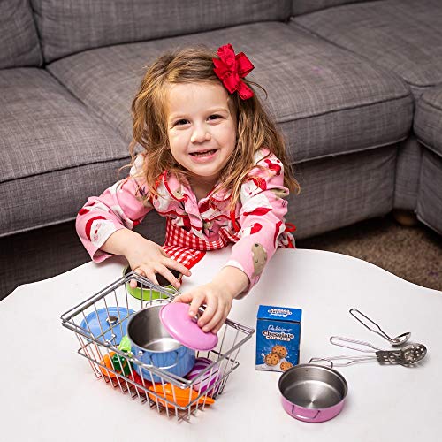 Stainless-steel Shopping Basket and Stainless Toy Kitchen Pots and Pans with Utensils - Beautiful Fish and Play Vegetables Toys - Apron - Pretend Play Grocery & Cooking For Toddlers Boys and Girls - Thumbnail 6