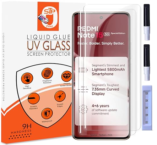 Image of STP FEEL Premium UV Tempered Glass Screen Protector Guard Compatible For Xiaomi Redmi Note 15 Special Edition /Note 15 SE 5G (6.77 Inch, Pack of 2) Full Adhesive UV Curved Case Friendly HD Clarity