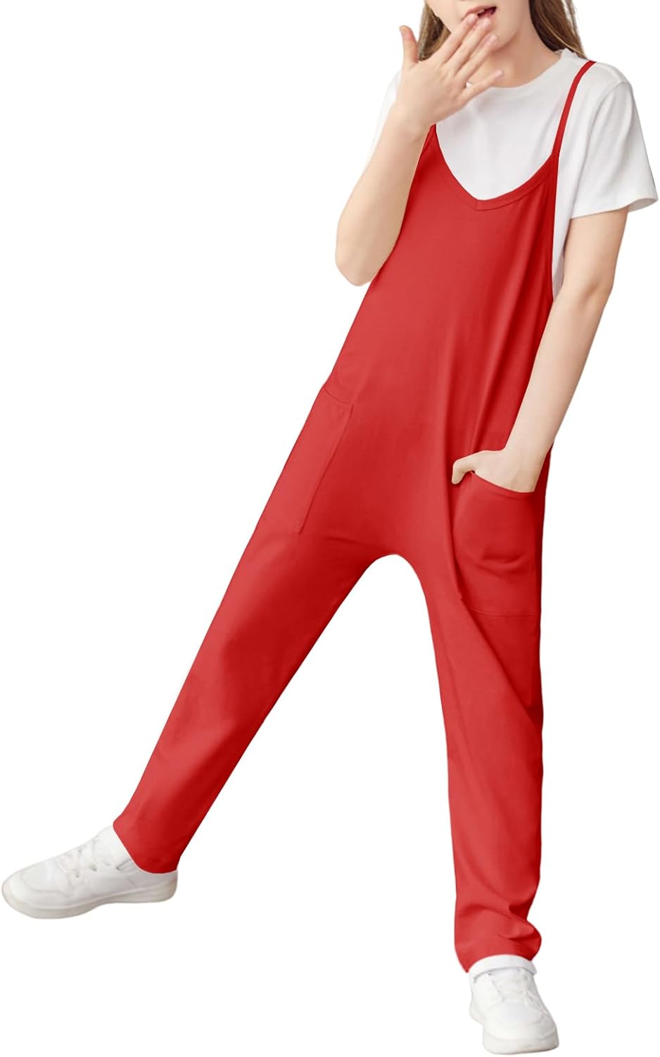 Cnkwei Girls' Casual Sleeveless Jumpsuits Spaghetti Strap Loose Romper Long Pants with Pockets - Image 4