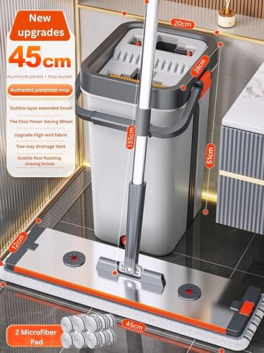 Image of Mop Bucket Heavy Quality Floor Mopp with Bucket, Aluminium pad,Flexible Kitchen tap Flat Squeeze Cleaning Supplies 360 Flexible Mopp Head /2 Reusable Pads Clean Home Floor Home Effective F3