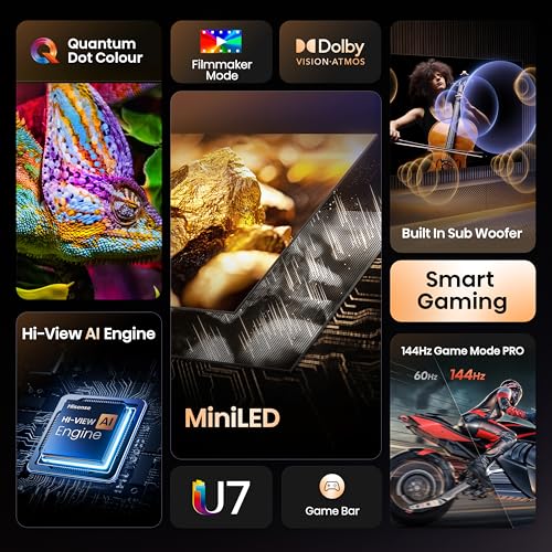 Hisense 55" 55U7QTUK MiniLED QLED 144Hz Smart AI TV - Hi-View AI Engine, 144Hz Game Mode PRO, 2.1 Channel, Dolby Atmos, Quantum Dot Colour, Anti-Reflection with Freely, Disney +, YouTube, Netflix - Image 6