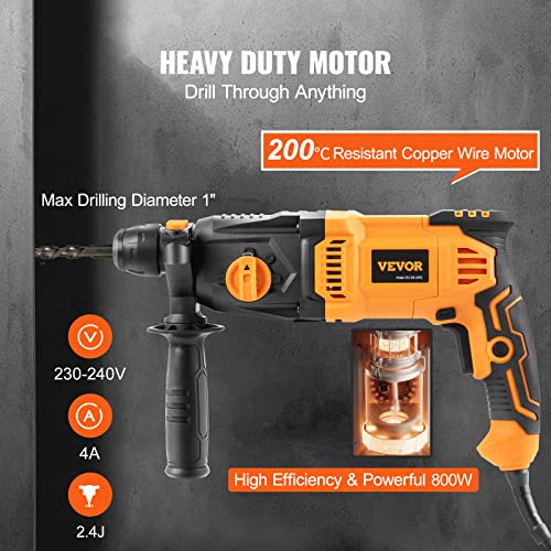 Vevor 1 Inch Sds-Plus Rotary Hammer Drill, 8 Amp Corded Drills, Heavy Duty Chipping Hammers W/Safety Clutch, Electric Demolition Hammers, Taladro Rotomartillo, Power Tool For Concrete #TOP2