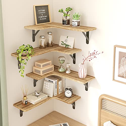 Fixwal Corner Floating Shelves, Wall Mounted Corner Shelf Set Of 5, Rustic Wood Wall Shelves For Bathroom, Kitchen, Bedroom Or Living Room (Carbonized Black) #TOP1