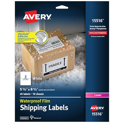 Avery Waterproof Printable Shipping Labels with Sure Feed, 5.5' x 8.5', White, 20 Blank Mailing Labels (15516)