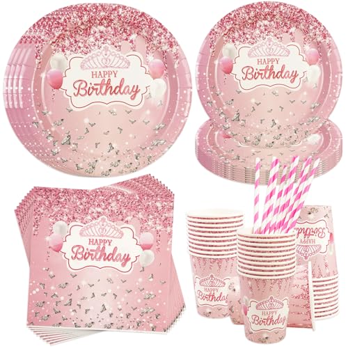 Ensemble de vaisselle de fête d'or rose, 50 pièces couronne d'or rose Ensemble de vaisselle de fête d'anniversaire Fille avec casserole en papier Tassen Strahhamme Servietten für Birthday Deco