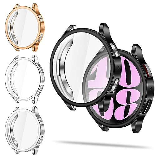 FINTIE 4 Pack -Case Compatible with Samsung Galaxy Watch 6 40mm 2023, Premium Soft TPU Screen Protector All-Around Protective Bumper Shell Cover, Black/Silver/Rose Gold/Clear