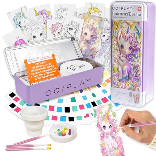 COIPLAY Unicorn 648 Color Blocks Watercolor Paint Set, 52-Bookmarks, 3 Brushes, Silicone Cup, for All Ages, Travel-Friendly,No Mess, All in One Art Supplies, Birthday Gift, Christmas Gift, Craft kit