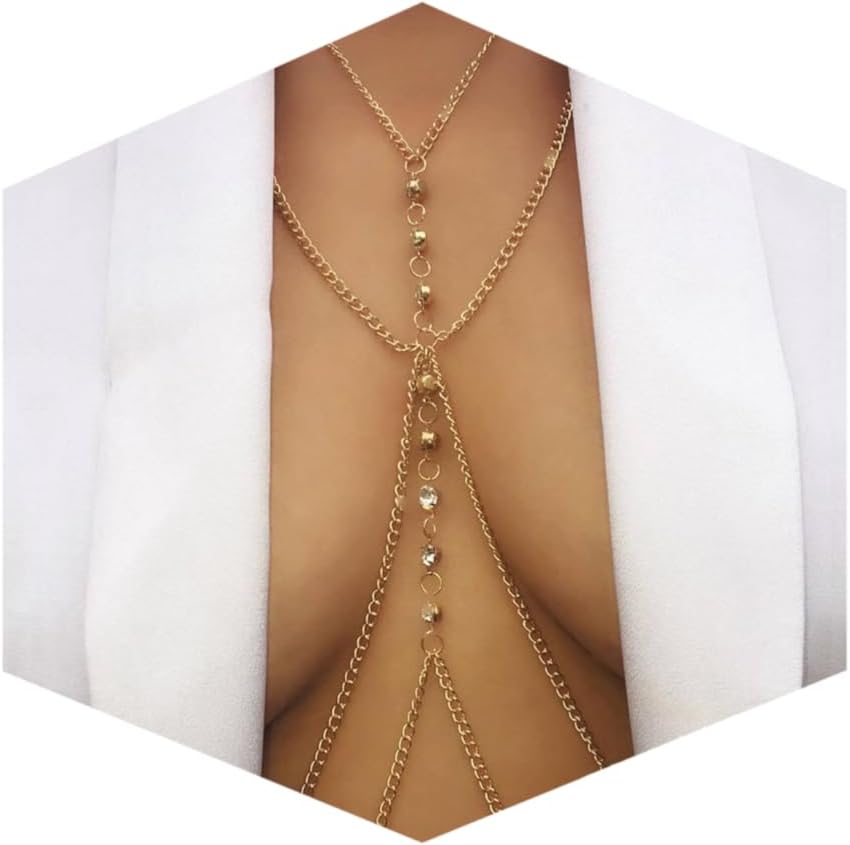 14K Gold Plated Sexy Body Chains for Women, Layered Rhinestone Crossover Bikini Bra Body Jewelry, Summer Beach Crystal Belly Waist Chain