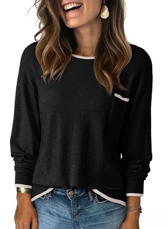 Dokotoo Womens Sweaters Casual Crewneck Long Sleeve Pullover Sweater Jumper Tops with Chest Pocket
