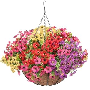 Artificial Hanging Flowers Basket, Fake Plants, Faux Silk Daisy Flowers, for Spring Summer Outdoor Decoration, UV Resistant, Coconut Planter, Look Real for Patio Garden Yard