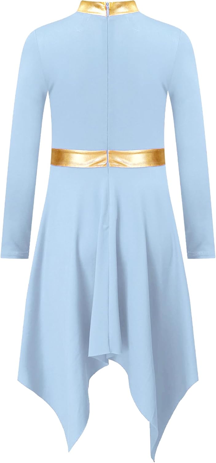 Hansber Kids Girls Liturgical Worship Dance Dress Long Sleeve Asymmetrical Metallic Gold Praise Church Robe