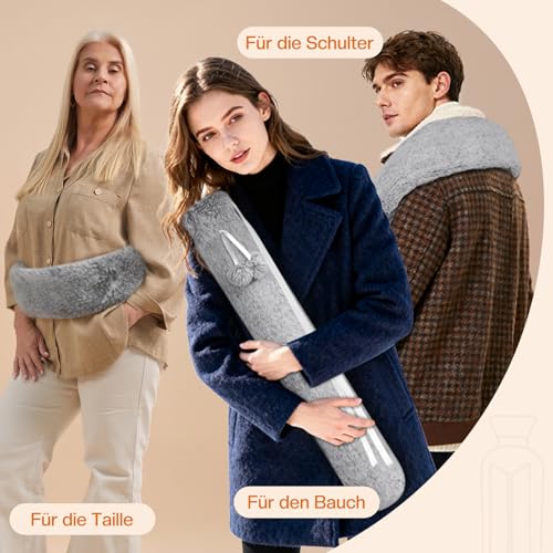 BOLEi Extra Lang Wärmflasche mit Bezug Flauschig,Auslaufsicher & Geruchlos,73cm Nackenwärmflasche Kann Zugebunden Werden,Geschenke für Männer Frauen(Lang-Grau)