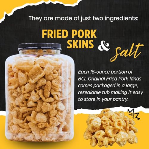 (2) Original Fried Pork Rinds, 16oz Resealable Tub Premium Chicharrones Zero Carbs High Protein Crunchy Crackling Snacks Keto Paleo Friendly Party Food Guacamole Gourmet Snack Savory Treat
