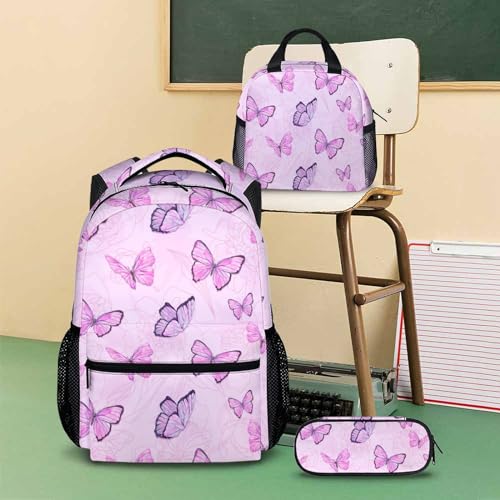 Butterfly School Backpack, Backpacks Lunch Box for Kids Girls 3 in 1 Elementary Lightweight Cute Bookbag Pencil Case for School Travel4