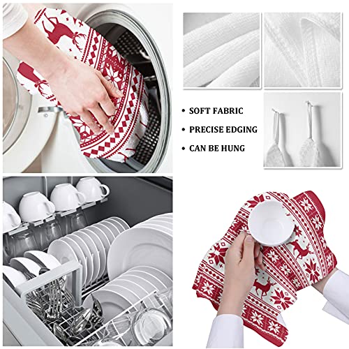 Christmas Ethnic Snowflakes Reindeers Kitchen Cloth Dish Towel 18X28In Pack Of 1,Super Soft Absorbent Tea Towels Hand Towel Red And White Rustic Farmhouse Cleaning Dish Cloths For Drying Dishes #TOP4