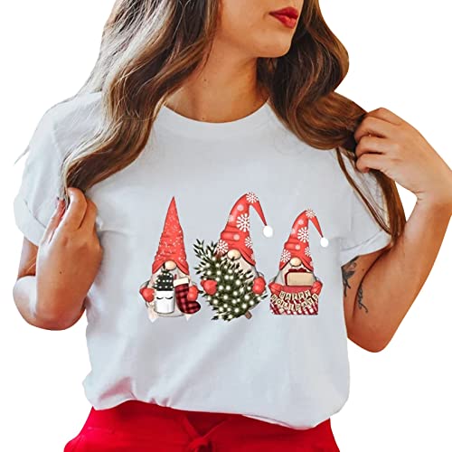 Image of CGGMVCG Short Sleeve Christmas Shirts for Women Merry Christmas Printed Short Sleeve O Neck T Shirt Womens Christmas Tops, White, S