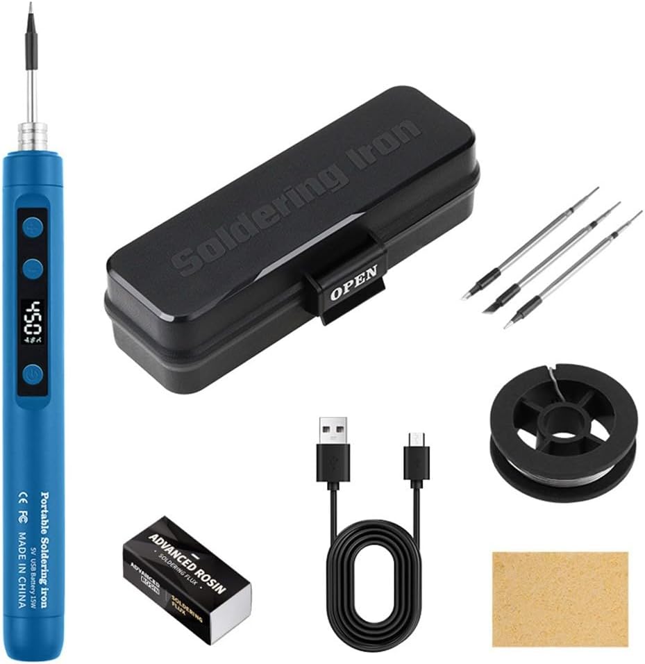 Cordless USB Rechargeable Soldering Iron Kit With Adjustable Temperature Control And Digital LCD Display, Includes 3 Tips, Solder Wire, Cleaning Sponge, Solder Paste, And Toolbox(blue)