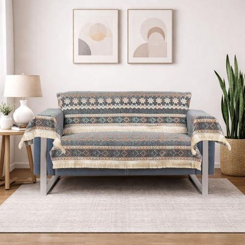 Image of Elegant Woven Grey Sofa Cover - Soft Chenille Traditional Pattern with Lace Style | L-Shape Sectional Seat Protector for Living Room | Durable & Stylish Slipcover 2 Seater with Arms