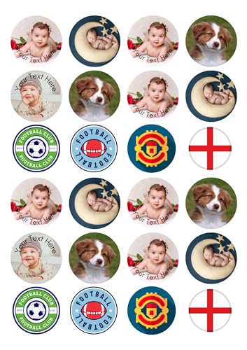 24 x Pre Cut Personalised Photo/Your Logo Cupcake Toppers Edible Premium Wafer Paper Multicoloured