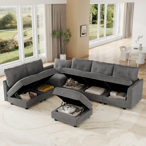 Image of LLappuil Modular Sectional Sofa with Storage, L-Shaped 7-Seat Corduroy Couch with 6 Throw Pillows, Pet-Friendly Convertible Sofa for Living Room & Apartment, Skin-Friendly, Grey