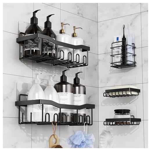 Wekin Shower Caddy Organizer, Wall Mount with Hooks, No Drilling Rustproof Stainless Steel Self-Adhesive Shelves for Bathroom and Kitchen Storage Matte Black 2 Pack