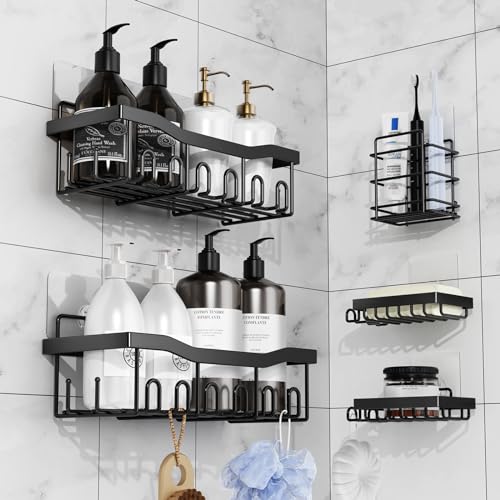 Wekin Shower Caddy Bathroom Organizer, Wall Mount Shower Organizer with Hooks, No Drilling Rustproof Stainless Steel Self-Adhesive Shower Shelves for Bathroom and Kitchen Storage Matte Black 2 Pack