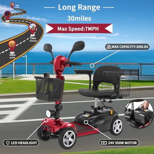 Image of Mobility Scooter for Seniors /Adults,20 /35 Miles up to 300lbs Capacity, 4 Wheels Mobility Scooters 350W 7MPH,USB Charging Detachable Lithium Battery with Rear Mirror