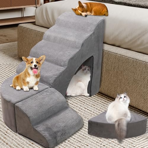 Foam Dog Steps&Stairs for High Tall Beds 25-30 inches High, LitaiL 6 Tier Pet Stairs/Steps for High