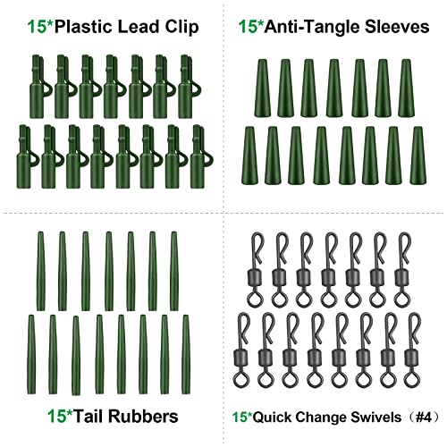 Realure 60 Pcs Lead Clips Carp Fishing Accessories Safety Lead Clips Action Pack with Clips Anti Tangle Sleeves Rubber Tails and Quick Change Swivels for Small Weights,Feeder (Green) - Image 3