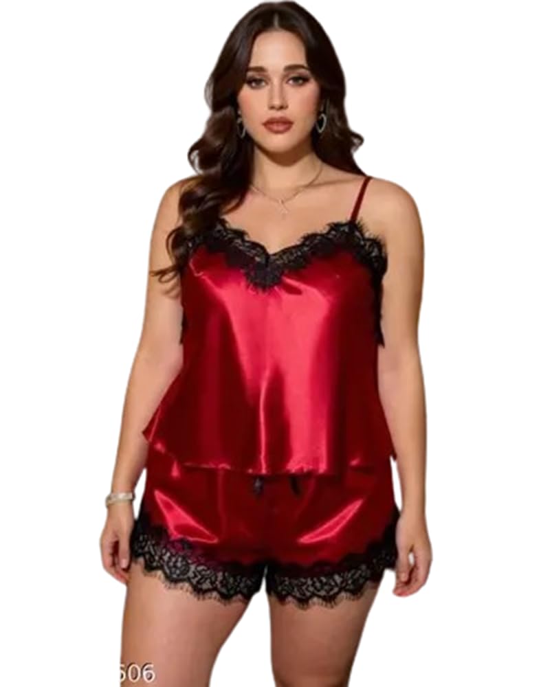Women's Satin Cami and Shorts Pyjama Set, Red with Black Lace Trim, Plus Size Sleepwear-picture-28