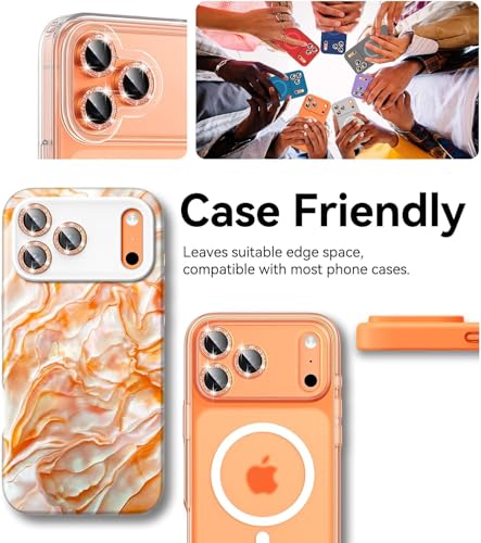 Image of for iPhone 17 Pro /iPhone 17 Pro Max Camera Lens Protector Glitter - for 17pro promax Cute Girly Metal Individual Bling Ring Cover for Women, 9H Anti-Scratch Tempered Glass, Cosmic Orange
