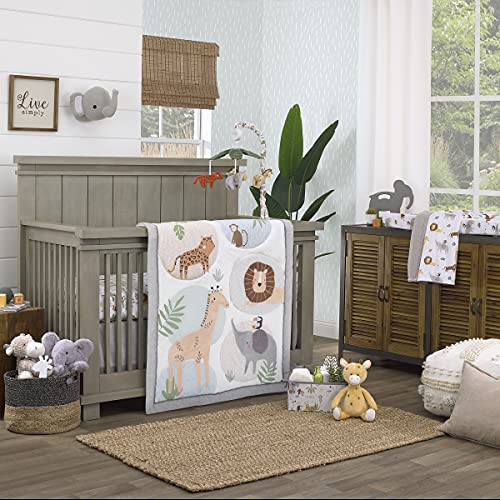 Nojo Jungle Trails Grey, Green And Gold Elephant, Lion And Giraffe 4 Piece Nursery Crib Bedding Set - Comforter, 100% Cotton Fitted Crib Sheet, Crib Skirt, And Storage #TOP19