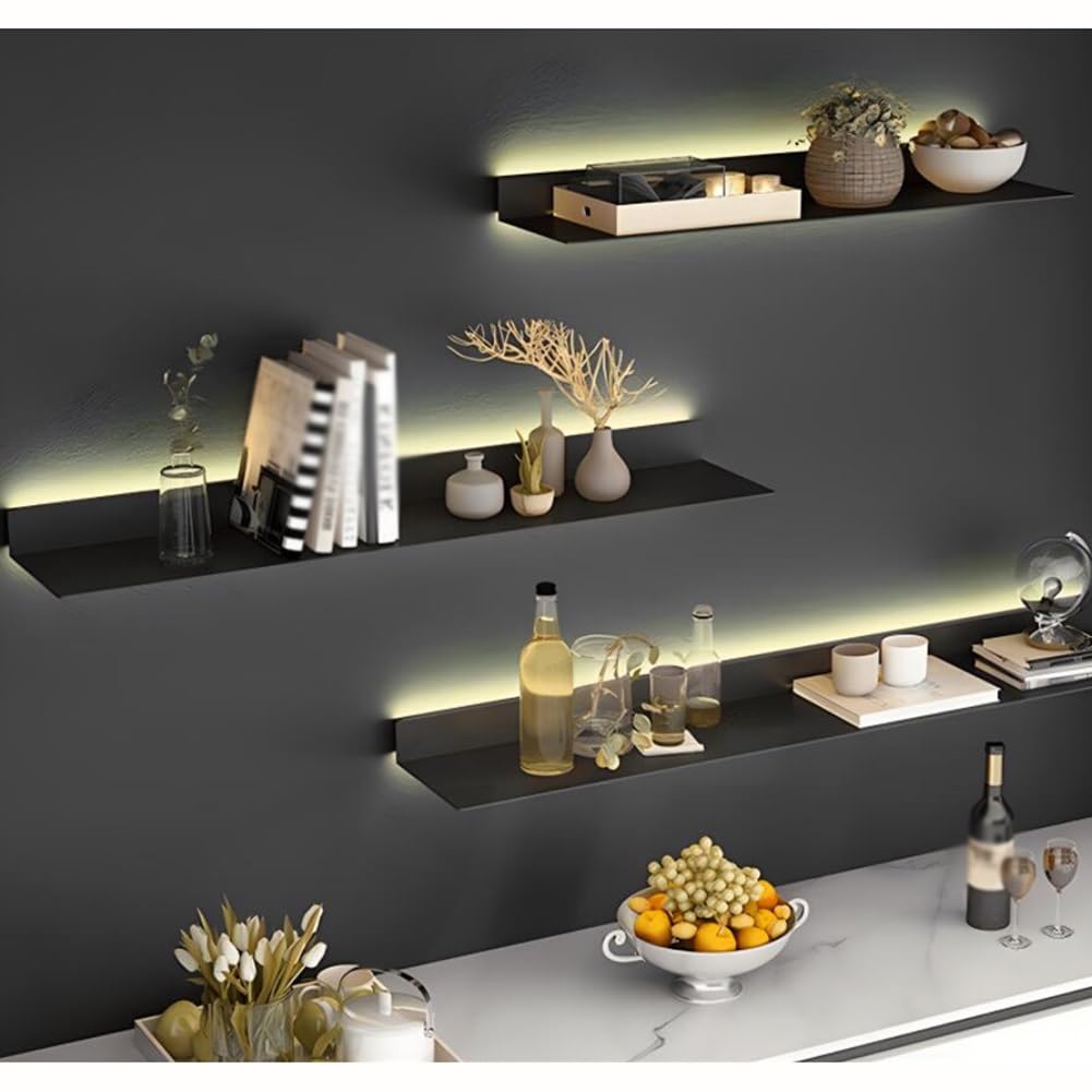 Półki Wiszące Led Montowane Na Ścianie, Podświetlana Aluminiowa Półka Ekspozycyjna Do Biura, Kuchni, Regału Na Książki – 80 X 20 X 6 Cm, Czarne, 1 Szt., Nowoczesne Rozwiązanie Do Przechowywania, Czar