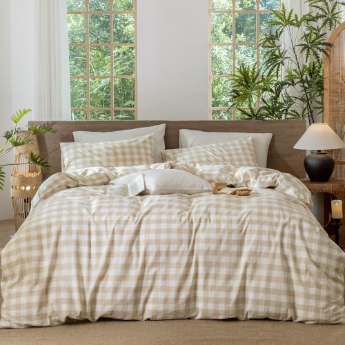 Image of MooMee Gingham Duvet Cover Set 100% Washed Cotton Linen Like